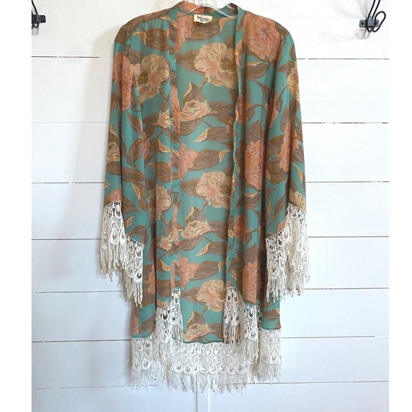 Show‎ Me Your Mumu Floral Kimono Duster Turquoise Coral Lace Fringe Medium - Picture 11 of 12